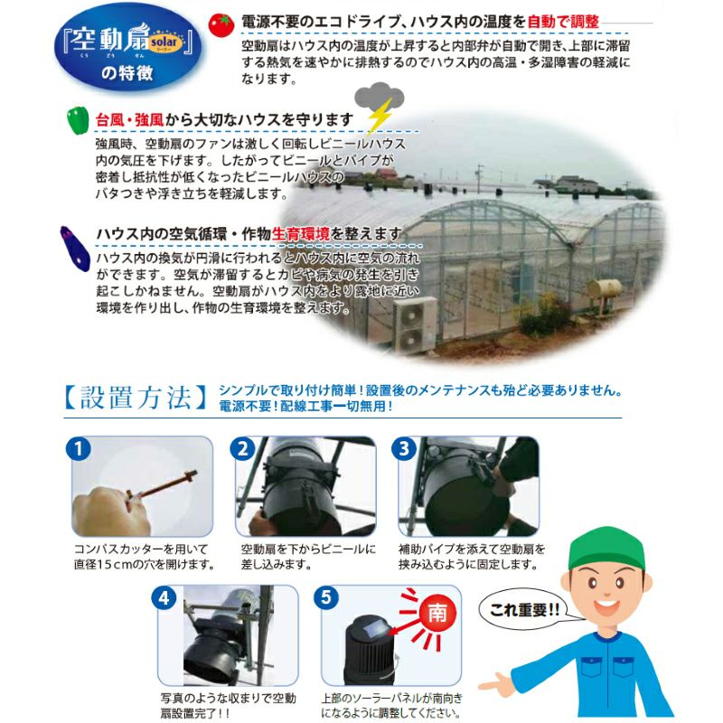 ビニールハウス用 自動温度調節換気扇 空動扇ソーラー 電源不要でエコ